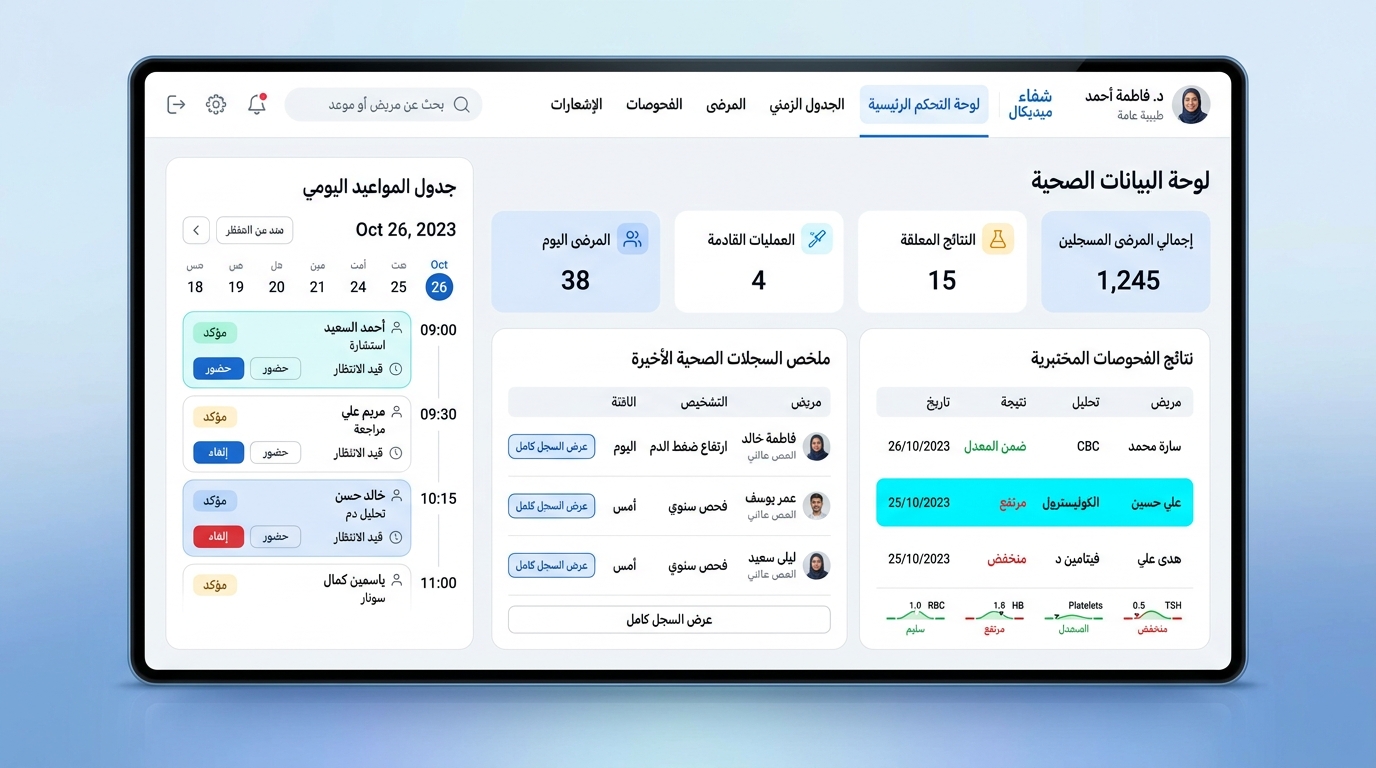 لوحة البيانات الصحية وإدارة العيادات